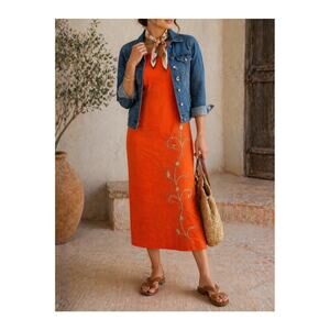Vintage Linen Blend Orange Beaded Midi Dress Size 12 90s Fashion Retro Evening
